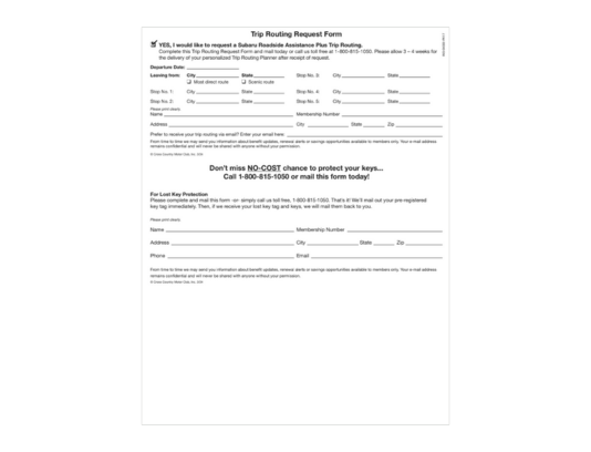 Subaru Fulfillment Page trip routing form image